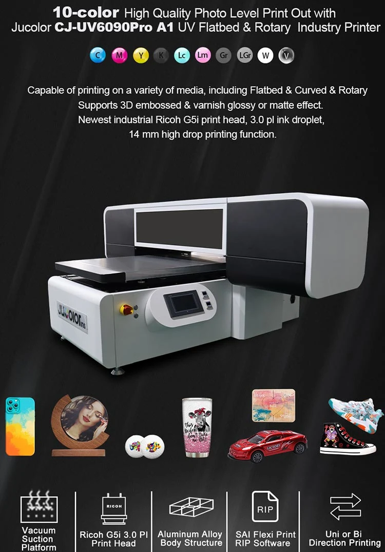 Industrial 3 Heads High Speed 6090 3D LED Lamp Inkjet UV Flatbed Printer with Rotary for Signs Case Cell Phone Stainless Bottle Foam Board Plastic